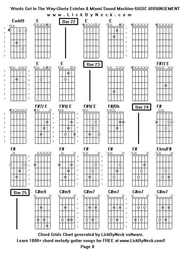 Chord Grids Chart of chord melody fingerstyle guitar song-Words Get In The Way-Gloria Estefan & Miami Sound Machine-BASIC ARRANGEMENT,generated by LickByNeck software.